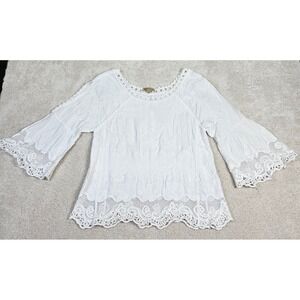 Womens Democracy Boho Embroidered Lace Trim Bell Sleeve Cottagecore White Top XS